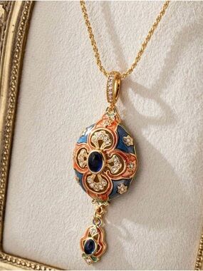 Gold-tone Blue & Coral Enamel Pendant Necklace